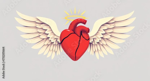 Red heart with wings, a symbolic design of love and angelic flight, ideal for Valentine and tattoo art illustration