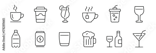 soda, non-alcoholic, background, style, containers., juice, wine, art, glass, cup, ice, drink, white, black, tea, graphic, foam, bottle, line, refreshing, beer, container, vector, straw.