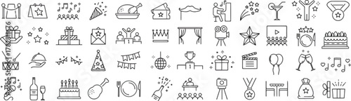 icons, ball, such, disco, clapperboards, trophies, category:, collection, sign, vector, champagne, drinks, events., 1072759063, festive, celebration, glasses, music, description:, symbol, icon, clappe