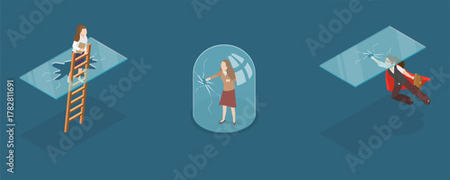 3D Isometric Flat Vector Illustration of Glass Barriers, Women Shattering Glass Ceiling And Dome