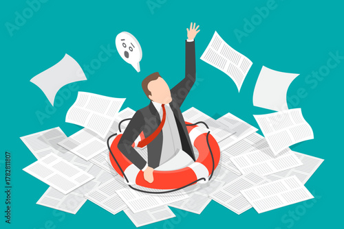 3D Isometric Flat Vector Illustration of Drown In Paperwork, Overwhelmed Businessman Drowning Bureaucracy Causing Burnout