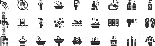 shower, no water, person showering, bathtub, bubbles, person in bath, steam, hot tub, soap dispenser, faucet, swimming pool, person swimming, locker room, hairdryer, flip flops, towel, sink, candles, 
