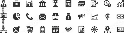 business, finance, icon, growth, strategy, success, money, investment, profit, loss, graph, chart, pie chart, presentation, board, calculator, credit card, document, contract, pencil, clock, time, mon