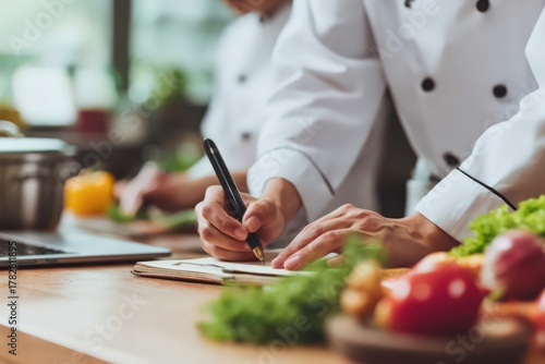 Culinary professionals meticulously documenting gourmet recipes while preparing fresh vegetables in a modern kitchen setting exhibiting collaborative culinary creativity and organizational