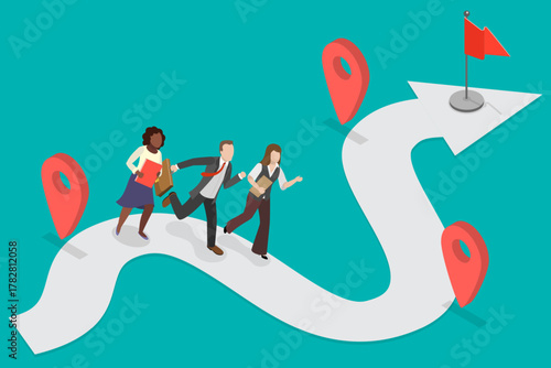 3D Isometric Flat Vector Illustration of Roadmap, Pathway To Success Through Project Planning And Team Progress Tracking