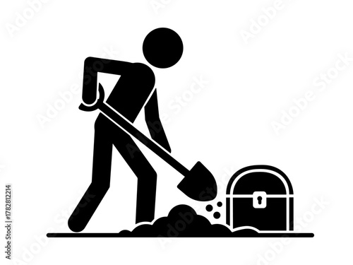 Stickman digging and finding treasure chest silhouette icon, discovery and adventure concept vector illustration.