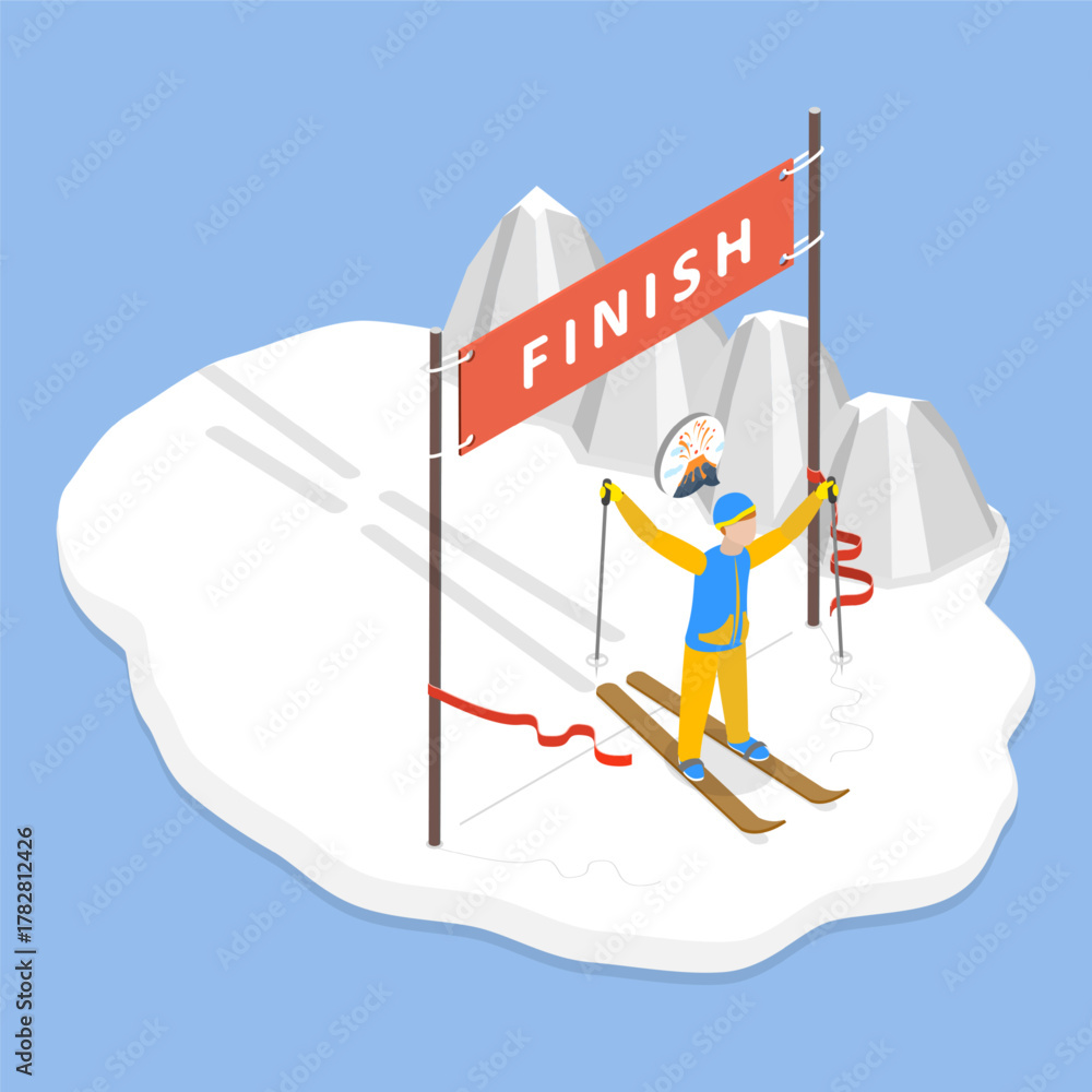 Fototapeta premium 3D Isometric Flat Vector Illustration of Ski Finish, Successful Completion Of A Marathon Race
