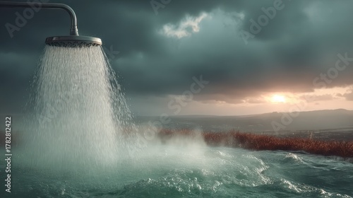 A shower head gushes water over an expanse of turbulent water beneath a moody sky