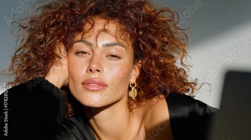A serene woman with vibrant curly hair rests her head, facing the sun, portrait
