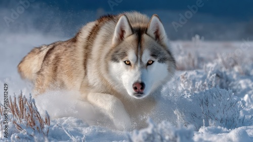 A Siberian husky, fur flying, running through a snowy field, with determined gaze