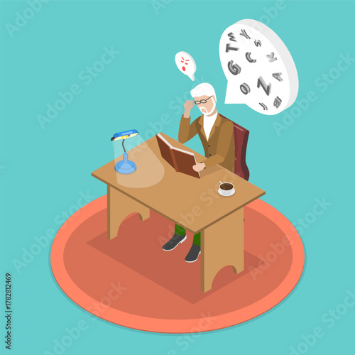 3D Isometric Flat Vector Illustration of Macular Degeneration, Senior Man Struggles With Blurry Book Due To Age-Related Eyesight Problems