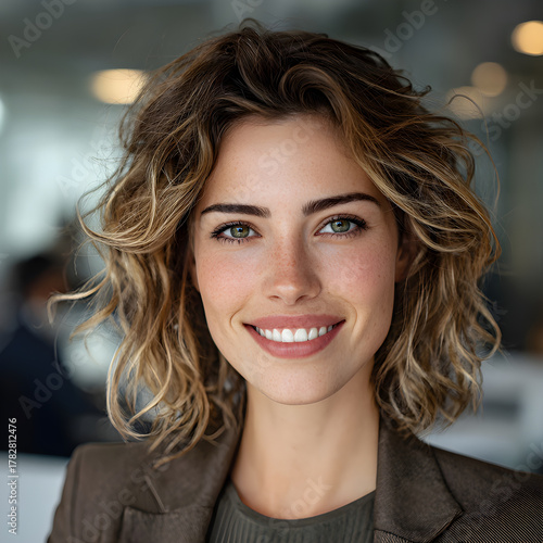 A high-end photo captures a 24 year-old woman with thick, pretty features, and trendy, earthy hair with nice tousled texture. She has a subtle smile, hazel eyes, and nice eyebrows, and a light office 