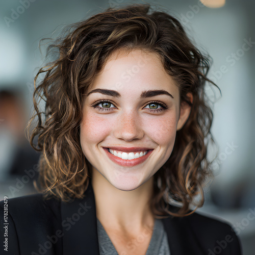 A high resolution photographic image of a thick pretty woman, she's 24 years old trendy earthy, nice tousled hair, a subtle smile, hazel eyes and nice eyebrows, with a light office in the background 