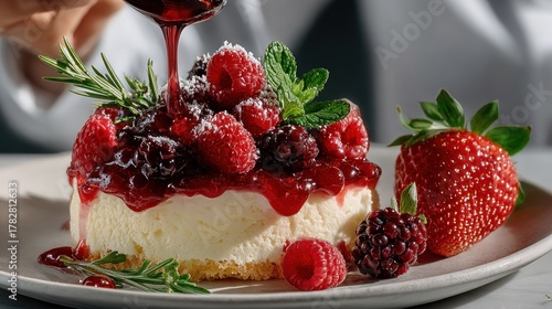 A small cheesecake with berries and syrup being poured over it, decorated with herbs