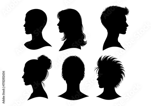 Variety of female head silhouettes showcasing different hairstyles and profiles
