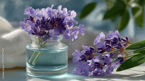 A small glass jar holds lavender sprigs with more blooms nearby; soft background