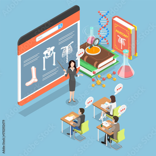 3D Isometric Flat Vector Illustration of People Anatomy Learning, Study Of Human Body Structure.