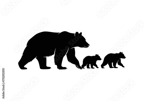 A silhouette of a mother bear leading her two cubs forward