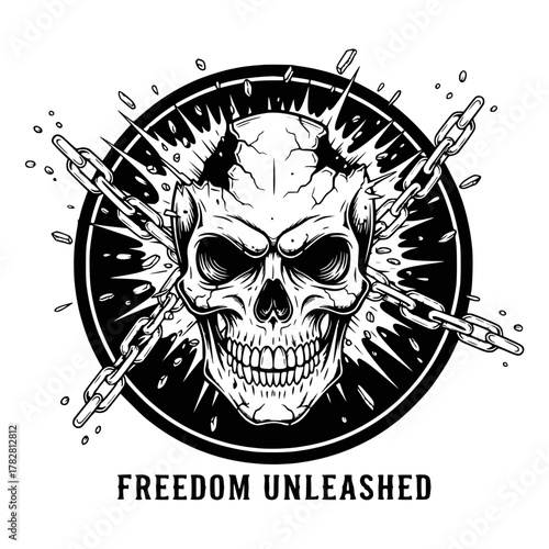 Embrace the untamed spirit with this striking skull illustration featuring bold chains, symbolizing liberation and raw power