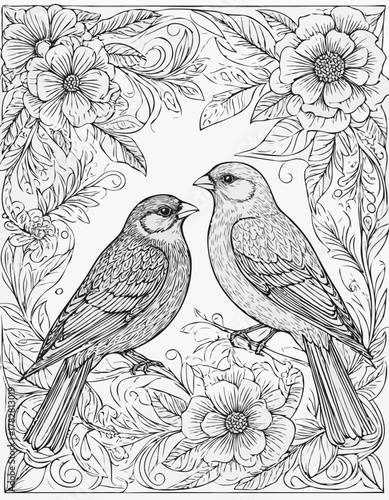 Two colorful birds surrounded by flowers. Coloring page