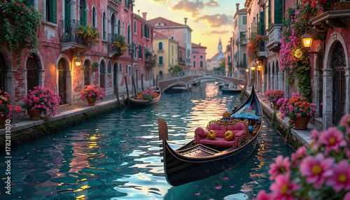 Scenic canal with gondola and colorful flowers at sunset in Venice  