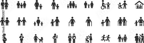 family, people, icon, generation, parent, child, baby, elderly, disabled, wheelchair, pregnant, mother, father, couple, single parent, sibling, adult, senior, human, silhouette, stick figure, group, c