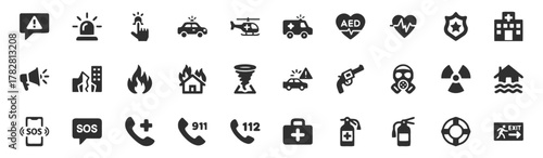 emergency, alert, siren, police car, helicopter, ambulance, aed, heart, pulse, shield, building, police, megaphone, fire, house fire, tornado, car accident, gun, gas mask, radiation, flood, sos, phone