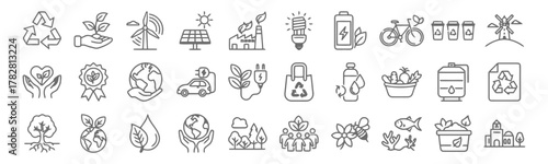 environment, sustainability, eco, green, recycle, plant, hand, wind turbine, solar panel, factory, pollution, light bulb, battery, bicycle, coffee cup, windmill, heart, badge, earth, globe, car, elect