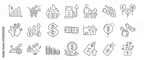 finance, money, growth, graph, chart, arrow, up, down, shopping cart, fire, burning, dollar, gas pump, price, person, basket, coins, piggy bank, broken, euro, yen, balloon, wallet, wings, tag, price t