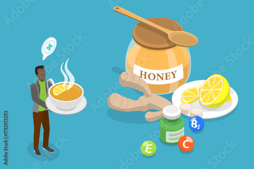 3D Isometric Flat Vector Illustration of Winter Immune Boosters, Happy Man Enjoying Ginger Tea For Good Health