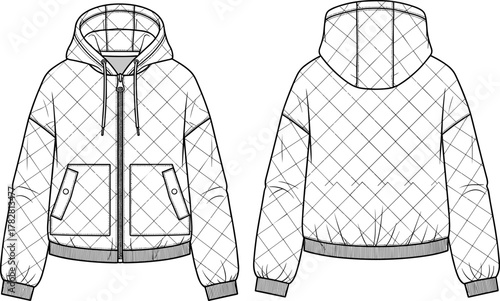 Quilted hooded jacket, front and back view, technical fashion sketch, outerwear vector illustration, garment flat drawing, winter apparel design template