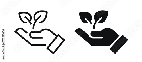 hand, holding, sprout, plant, leaf, growth, nature, environment, ecology, sustainability, agriculture, gardening, life, new beginning, icon, symbol, outline, solid, black and white, isolated, white ba