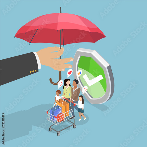 3D Isometric Flat Vector Illustration of Consumer Protection, Young Family Shopping Together With Umbrella