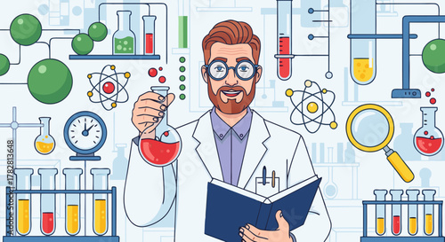Bearded scientist performs experiments in a modern lab, holding a chemical flask and open book, surrounded by scientific equipment and atomic models