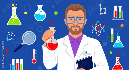 Male scientist or chemist character in a white lab coat holding a glass flask, surrounded by laboratory equipment and scientific icons on a blue background