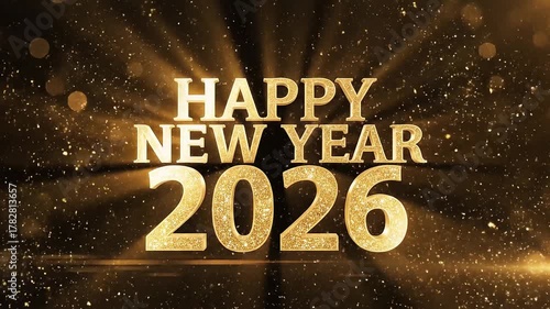 A cinematic animation with a golden whoosh revealing polished 3D text and a spectacular firework explosion. Perfect for an epic happy new year 2026 event opener