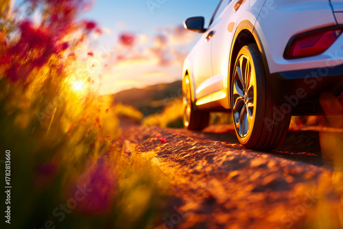 Modern hatchback driving on countryside road compact efficient mobility