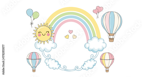 Whimsical Rainbow Border with Sun, Clouds, Balloons, and Hot Air Balloons for Children's Designs