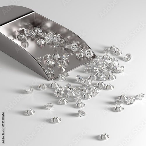 Metal scoop with diamonds on the table. White background. Selection and sorting of stones. Jewelry industry. 3d rendering.