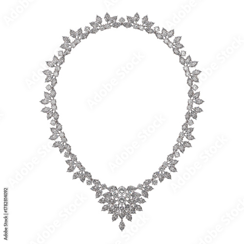 Luxurious diamond necklace on isolated transparent background. Jewelry showcase. The piece of jewelry was laid out on a flat surface. 3d rendering.
