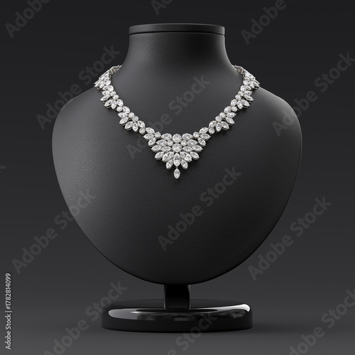 Luxurious diamond necklace on a leather bust stand. Frontal view. Jewelry showcase. 3d rendering.