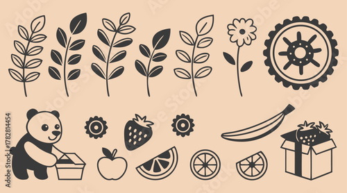 Cute hand-drawn nature and fruit elements collection with panda illustration