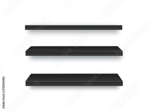 Set of empty wooden store shelves with LED lighting. Product shelf with wood texture and black wall mount. Grocery rack. Vector