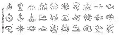 marine, sea, ocean, nautical, water, life, animals, nature, transportation, navigation, sailing, ship, lighthouse, wave, shell, coral, jellyfish, starfish, shark, fish, whale tail, turtle, octopus, do