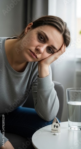 Tired woman leaning head on hand, showing anemia symptoms with dark circles under her eyes. An iron (Fe) supplement dispenser and water glass sit on a table. Health and chronic fatigue concept.