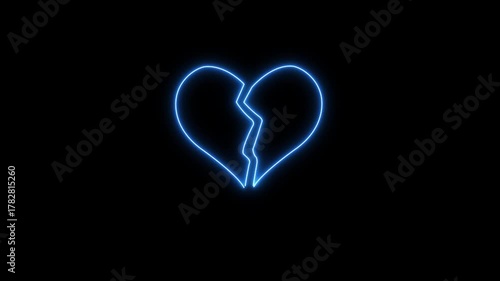 Neon glowing broken heart line on black background. Broken heart line in neon light design. Symbol of love loss, and heartbreak in a modern glowing design.