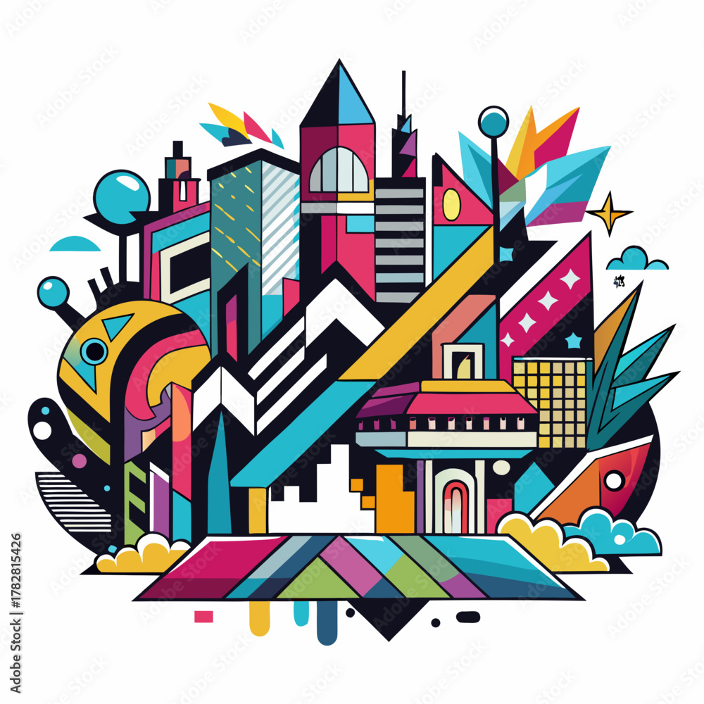 Fototapeta premium A colorful and abstract cityscape illustration featuring geometric buildings, sharp angles, and a playful, modern aesthetic.