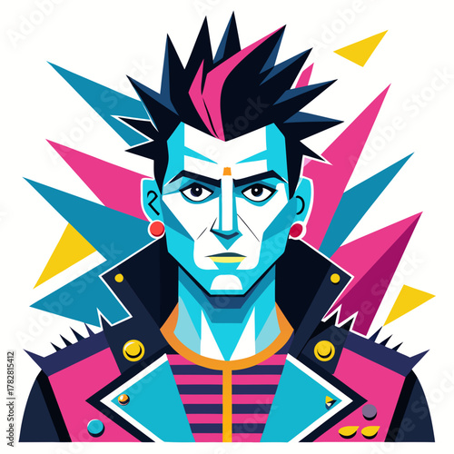 A stylized portrait of a punk rocker with a mohawk, wearing a leather jacket and striped shirt, set against a vibrant geometric background.
