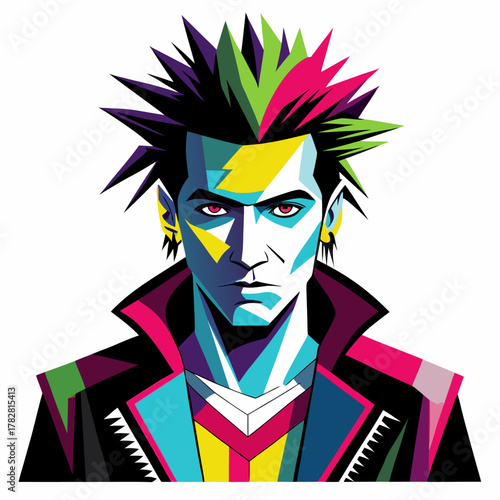 A stylized portrait of a punk rocker with a spiky mohawk, intense red eyes, and a jacket adorned with geometric patterns and bright colors.