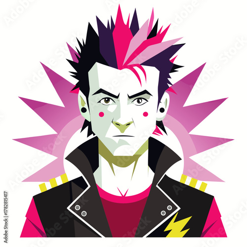 A stylized portrait of a punk rocker with a mohawk, bold makeup, and a leather jacket, set against a vibrant pink burst.